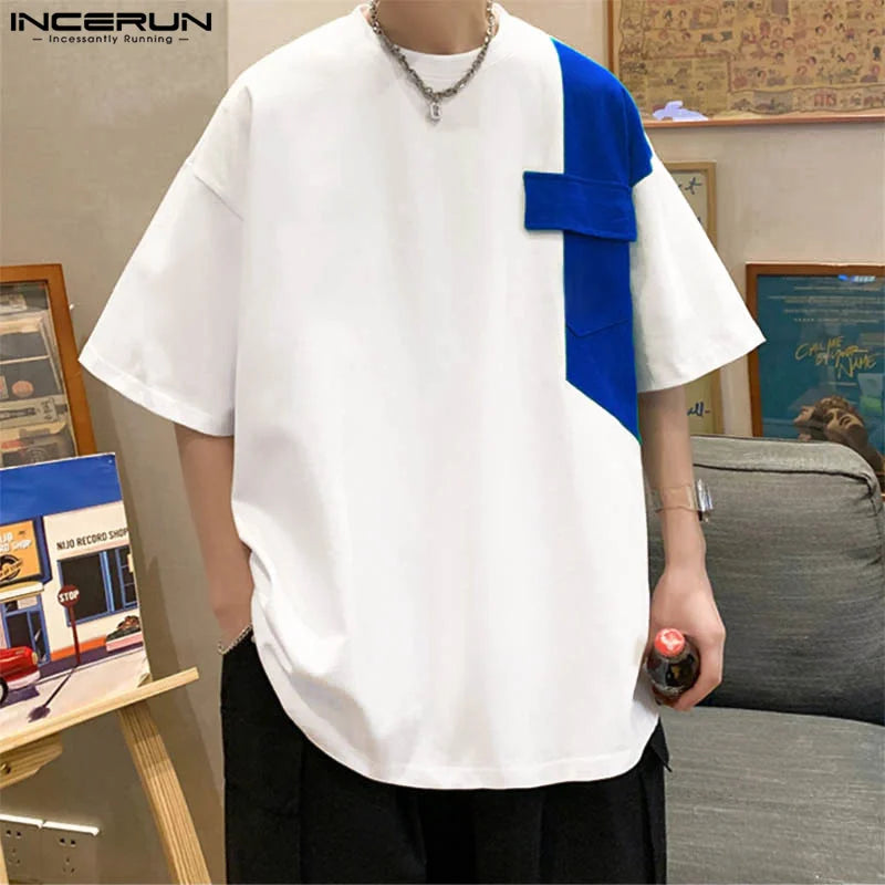 Fashion Casual Style Tops INCERUN Men's Color Block Splicing T-shirts Summer Streetwear Loose Short Sleeved Camiseta S-5XL 2024