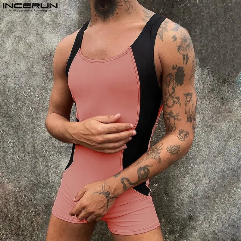 INCERUN 2024 Sexy Style New Mens Homewear Jumpsuits Fashion Contrast Color Rompers Casual Personality Sleeveless Bodysuits S-5XL