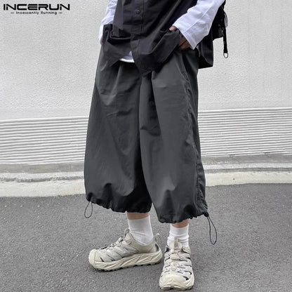 INCERUN 2024 Korean Style Trousers New Men Personality Wide Leg Pants Casual Well Fitting Ankle tied Drawstring Pantalons S-5XL