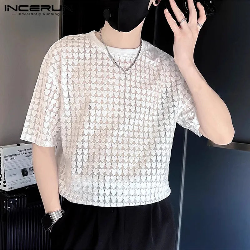 2023 Men T Shirt Mesh Transparent Solid O-neck Short Sleeve Men Clothing Loose Party Streetwear Fashion Tee Tops INCERUN S-5XL