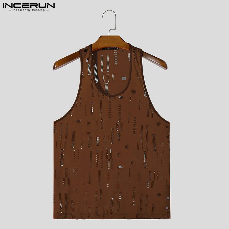 Männer Tank Tops Aushöhlen Solide O-ansatz Ärmelloses Männlichen Westen Streetwear 2024 Fitness Sommer Mode Männer Kleidung INCERUN S-5XL