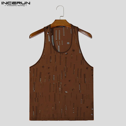 Men Tank Tops Hollow Out Solid O-neck Sleeveless Male Vests Streetwear 2024 Fitness Summer Fashion Men Clothing INCERUN S-5XL