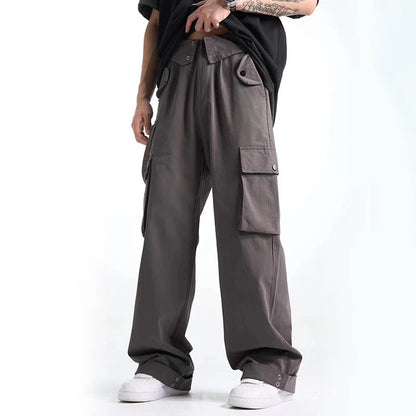 HOUZHOU Wide Leg Cargo Pants Men Gray Casual Cargo Trousers Male Loose Streetwear Hip Hop Pocket Safari Style Men Clothing