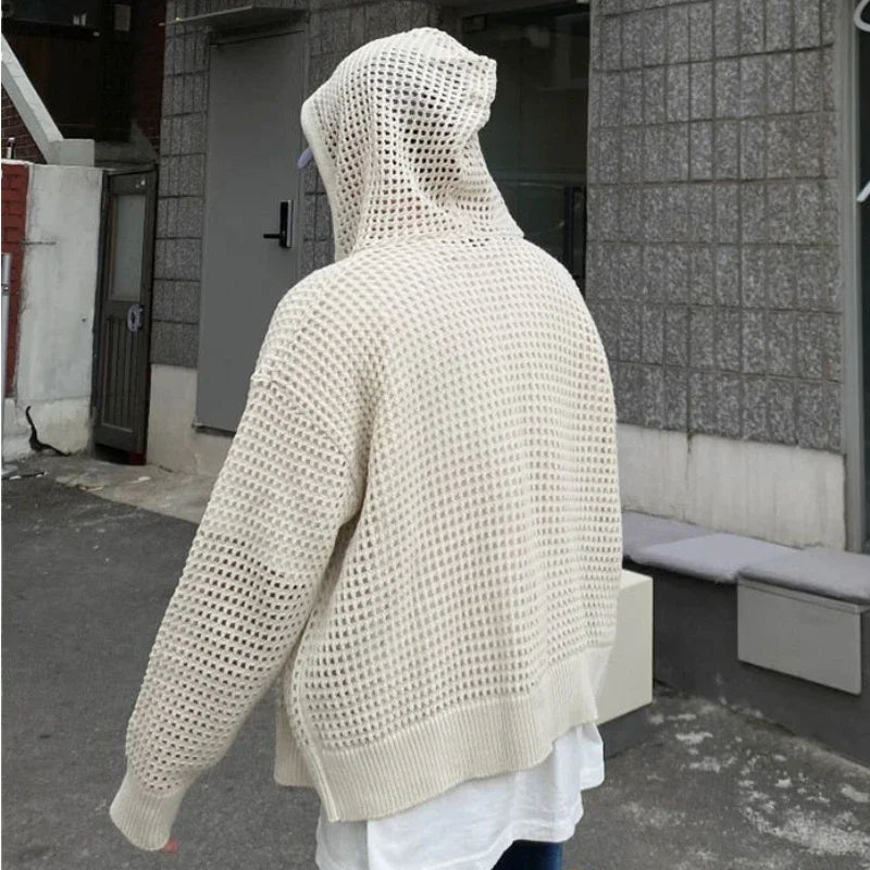 HOUZHOU Vintage Knit Mesh Coat for Men Hole Hooded Cardigan Long Sleeve Tee Male Casual Autumn Japanese Streetwear Hip Hop