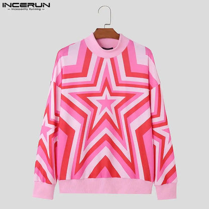 Fashion Handsome Men's Tops INCERUN Hot Sale Gradient Star Printed Pullover Casual High Neck Pullover Long Sleeved Sweater S-5XL