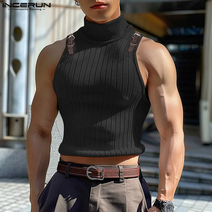 INCERUN Tops 2024 Korean Style Mens High Necked Knitted Pit Strap Leather Loop Vests Male Summer Solid Sleeveless Camiseta S-5XL