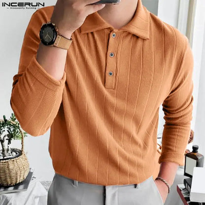 Stylish Well Fitting Tops INCERUN New Men's Knitting Solid All-match Blouse Casual Hot Sale Male Long Sleeve Lapel Shirts S-5XL