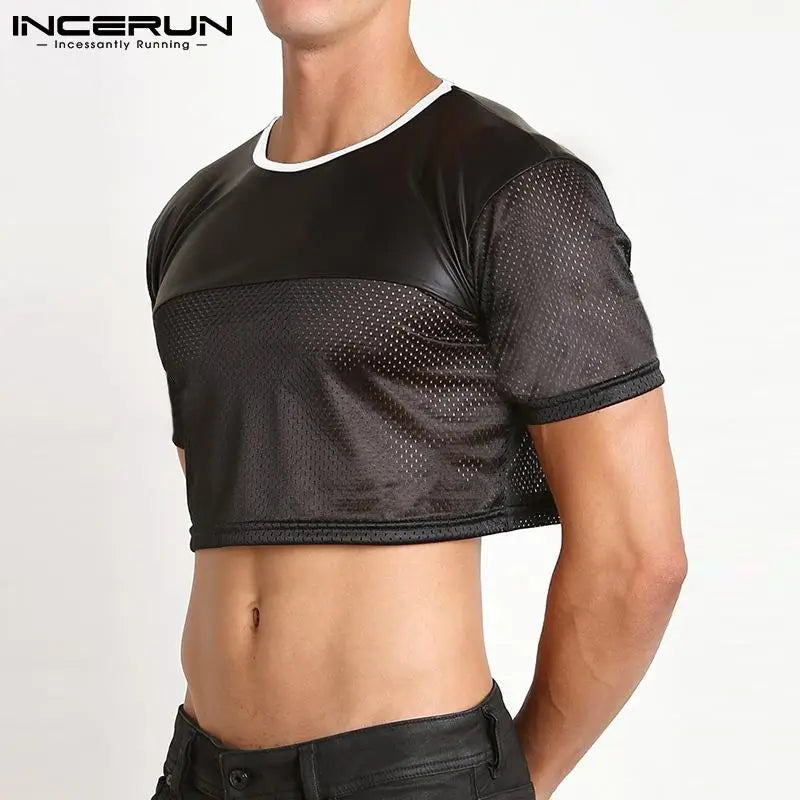 INCERUN Fashionable Casual Style New Men's Breathable Mesh Camiseta Short Sleeve Crop Tops 2023 Patchwork Cropped T-Shirts S-5XL