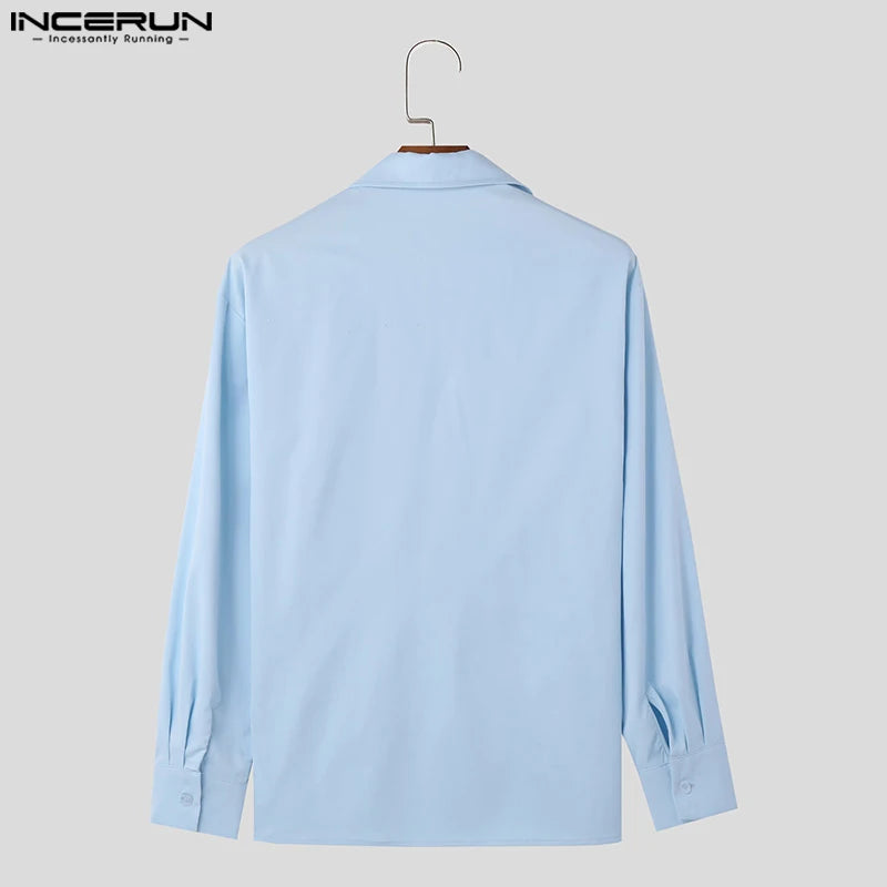 INCERUN Tops 2024 Style coréen Hommes Personnalité Grand Col en V Épaulette Conception Chemises Solide Tout-match Chemisier À Manches Longues S-5XL