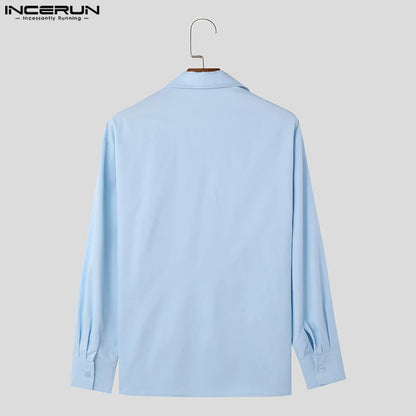 INCERUN Tops 2024 Korean Style Men Personality Large V-neck Shoulder Pad Design Shirts Solid All-match Long Sleeved Blouse S-5XL