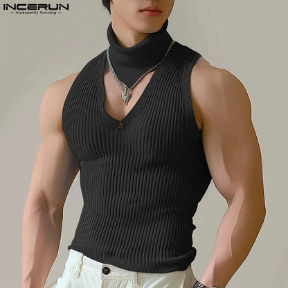 INCERUN Tops 2024 Koreanische Stil Mode Neue Herren High Neck Design Westen Casual Streetwear Männlichen Gestreiften Ärmellose Tank Tops S-5XL