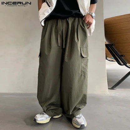 INCERUN 2024 American Style Pantalons Men Fashion Loose Cargo Long Pant Leisure Streetwear Solid Pockets Wide Leg Trousers S-5XL