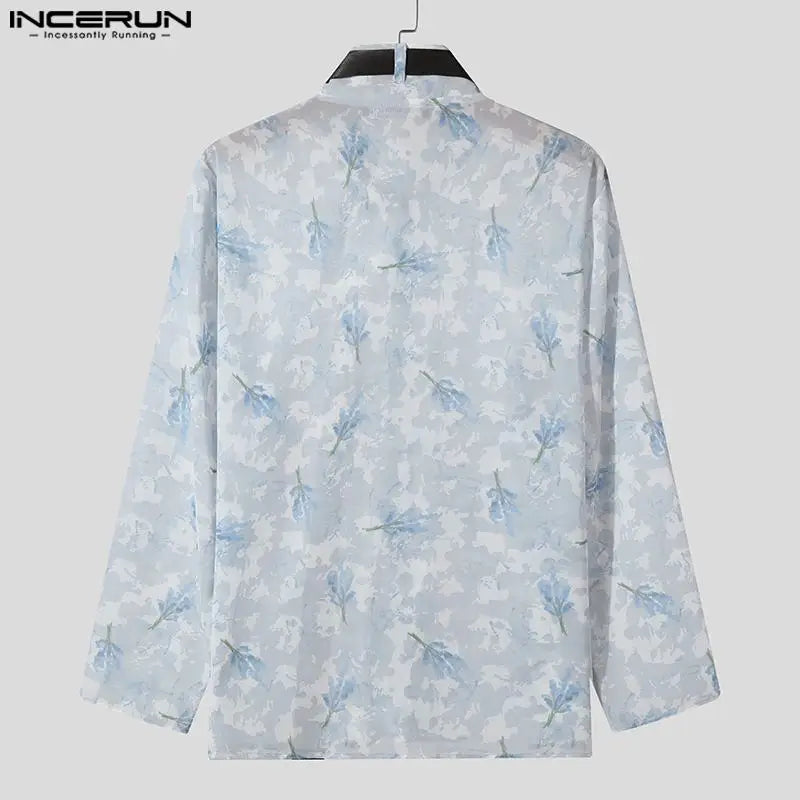 INCERUN Tops 2024 American Style Mens Print Chiffon Slightly Transparent Shirts Casual Streetwear Male Long Sleeved Blouse S-5XL