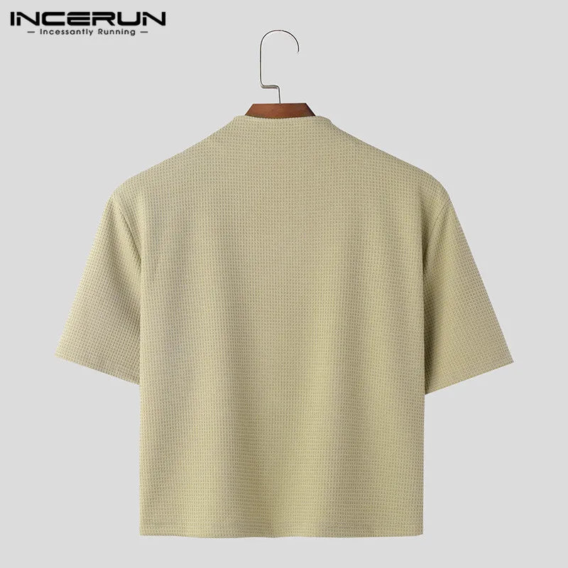 2024 Hommes Chemise Couleur Unie Col en V Manches Courtes Fermeture Éclair Streetwear Hommes Vêtements Élégant Décontracté Irrégulier Crop Tops S-5XL INCERUN