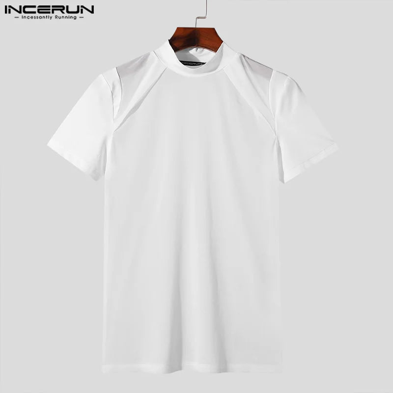 INCERUN Tops 2024 Koreanische Stil Neue Männer Sexy Mesh Sehen Durch T-shirts Mode Männlichen Hälfte Stehkragen Kurzarm camiseta S-5XL