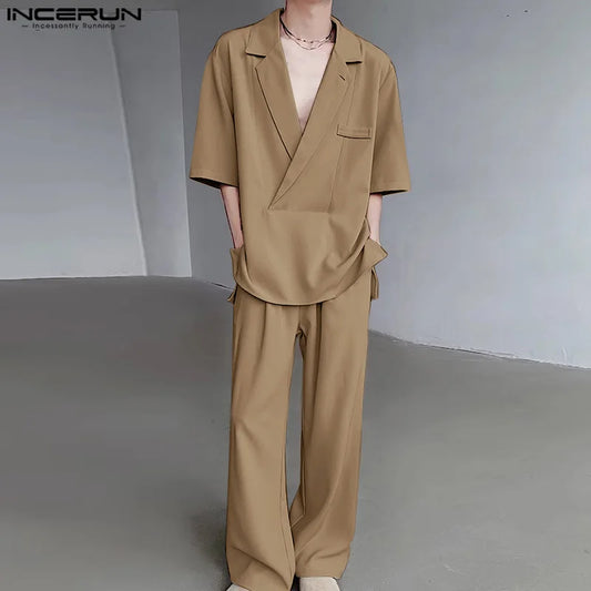 INCERUN 2024 Korean Style Sets Fashion New Men Suit Neckline Drop Short Sleeve Shirt Pants Streetwear Solid Two Piece Sets S-5XL