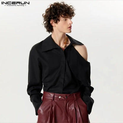 2024 Men's Shirt Solid Color Lapel Long Sleeve Hollow Out Streetwear Men Clothing Ruffle Fashion Casual Camisas S-5XL INCERUN