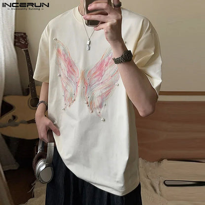 Handsome Well Fitting Tops INCERUN Men Personality Printed Pearl Decoration T-shirt Male Streetwear Short Sleeved Camiseta S-5XL