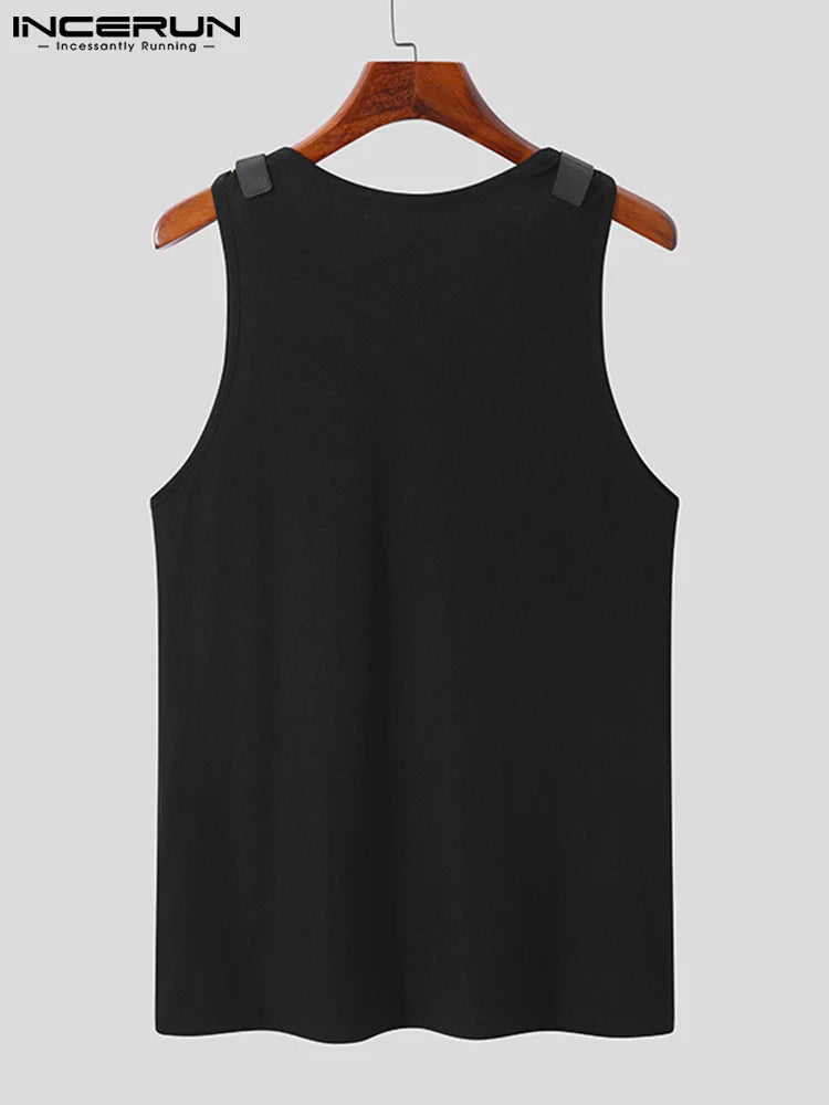 INCERUN Men Tank Tops Solid Color PU Leather Button Sleeveless Streetwear O-neck Vests 2023 Summer Fashion Men Clothing S-5XL 7