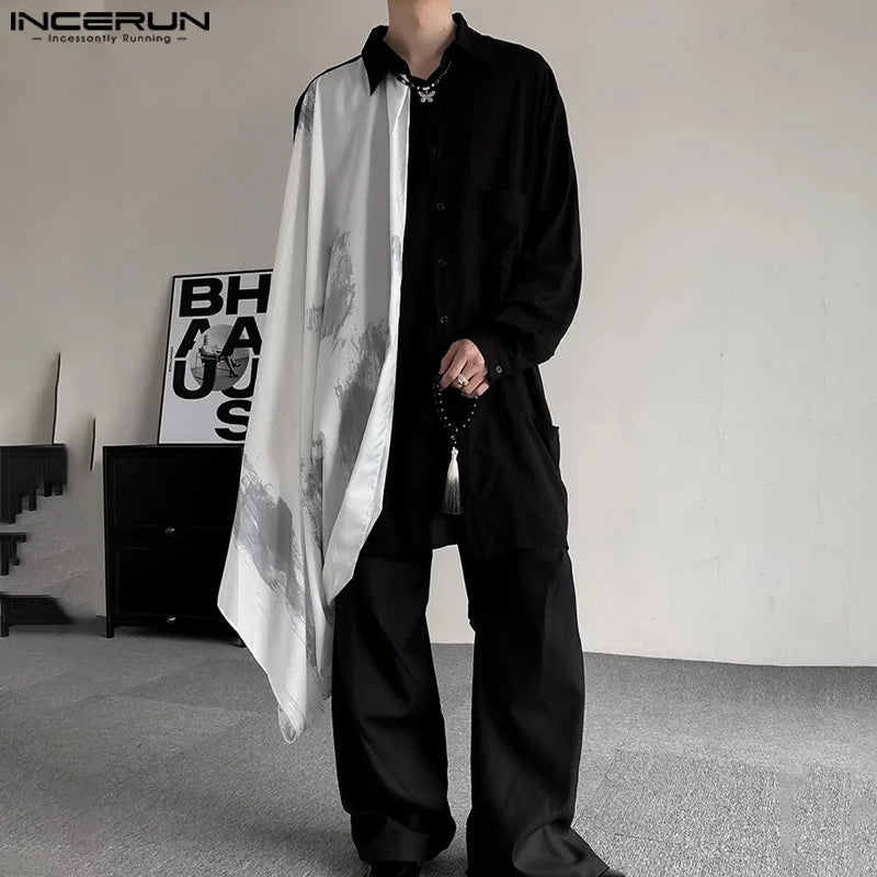 INCERUN Tops 2024 Korean Style Mens Patchwork Medium Length Design Shirts Male Personality Loose Lapel Long Sleeved Blouse S-5XL