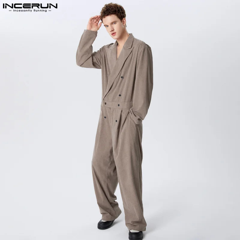 INCERUN 2024 American Style Rompers Stylish Men Solid Texture Jumpsuits Leisure Simple Male Striped Long Sleeved Jumpsuits S-5XL