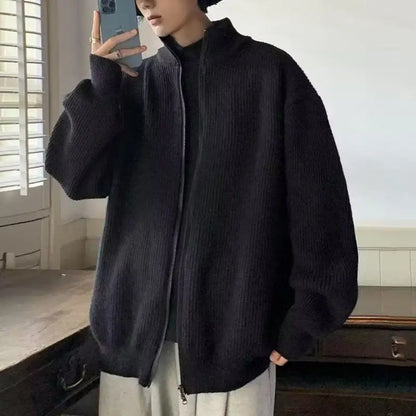 HOUZHOU Y2K Knitted Cardigan Sweater Men Blue Long Sleeve Jumpers Jacket Turtleneck Patchwork Zipper Coat Male Korean Clothes