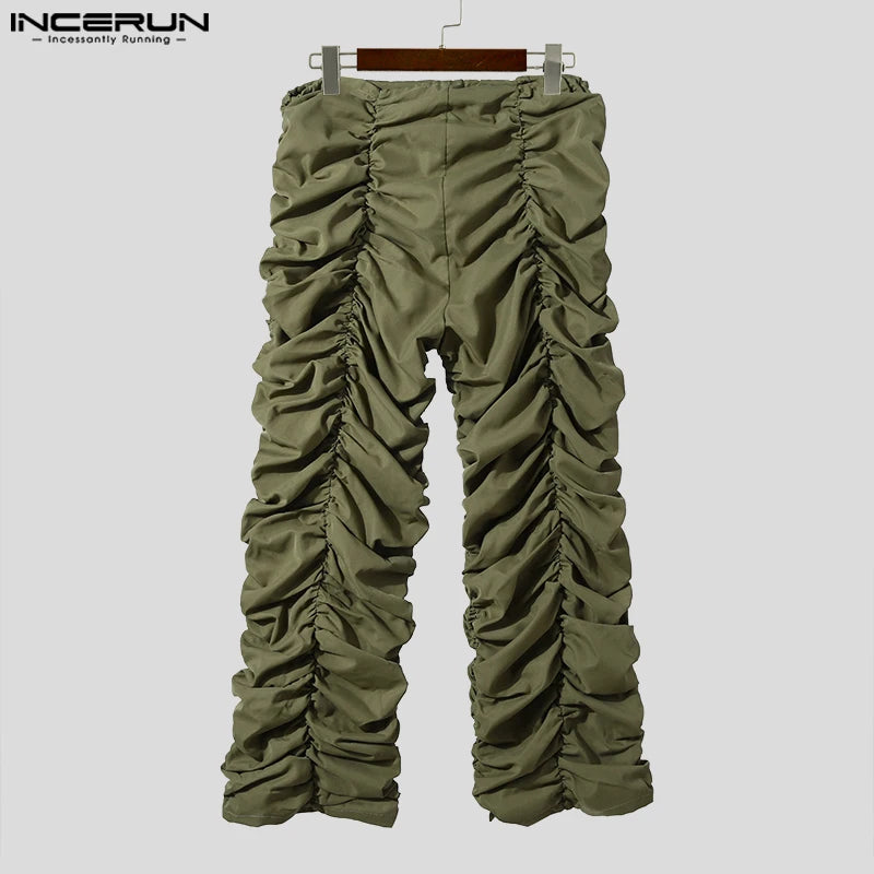 INCERUN 2023 American Style Men's Pantalons Fashion Drawstring Design Trousers Casual Streetwear Solid Pleated Long Pants S-5XL