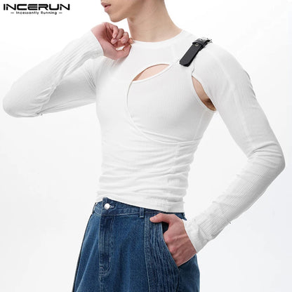 INCERUN Tops 2023 Korean Style Men's Fashion Metal Buckle Design T-shirts Casual Male Hollow O-neck Long Sleeved Camiseta S-5XL