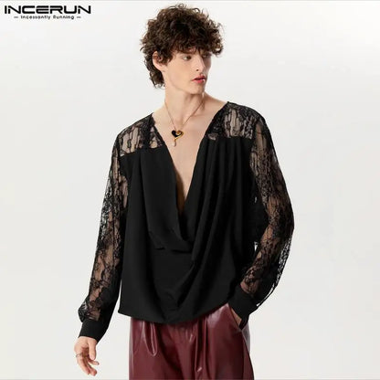 INCERUN Tops 2024 American Style New Men's Pile Up Collar Design Shirts Splicing Lace Male Solid Color Long Sleeved Blouse S-5XL