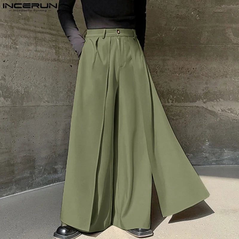 INCERUN 2024 Korean Style Trousers New Men's Fake Two piece Wide Leg Pants Leisure Loose Solid Comfortable Skirt Pantalons S-5XL