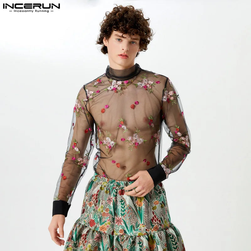 INCERUN Tops 2024 New Men Embroidered Flower Perspective Mesh Shirts Sexy Stylish Male Thin Long Sleeved Tie Collar Blouse S-5XL