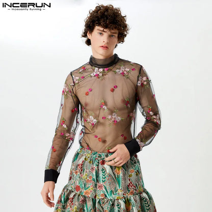 INCERUN Tops 2024 Neue Männer Bestickte Blumenperspektive Mesh-Shirts Sexy Stilvolle Männliche Dünne Langarm-Krawattenkragenbluse S-5XL