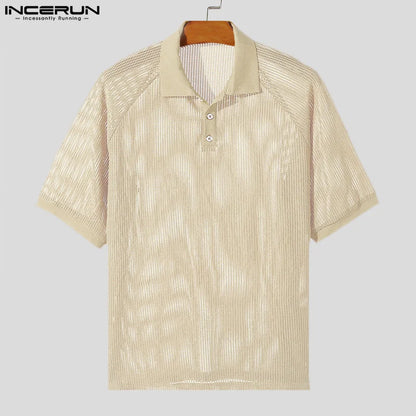 INCERUN Tops 2024 Koreanische Stil Mode Für Männer Raglan Ärmel Textur Mesh T-shirts Sommer Männlichen Kurzarm Revers Camiseta S-5XL