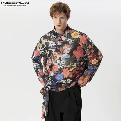 INCERUN Tops 2024 Fashion Men's Lace Floral Printed Shirts Casual Streetwear Cross Tie Design Long Sleeved Cardigan Blouse S-5XL