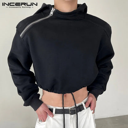 INCERUN Tops 2023 Korean Style New Men High-waisted Drawcord Hooded Casual Streetwear Solid All-match Zippered Sweatshirts S-5XL