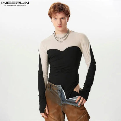 Männer Bodys Mesh Patchwork Oansatz Langarm Männlichen Body Streetwear Fitness 2024 Transparent Mode Strampler INCERUN S-5XL