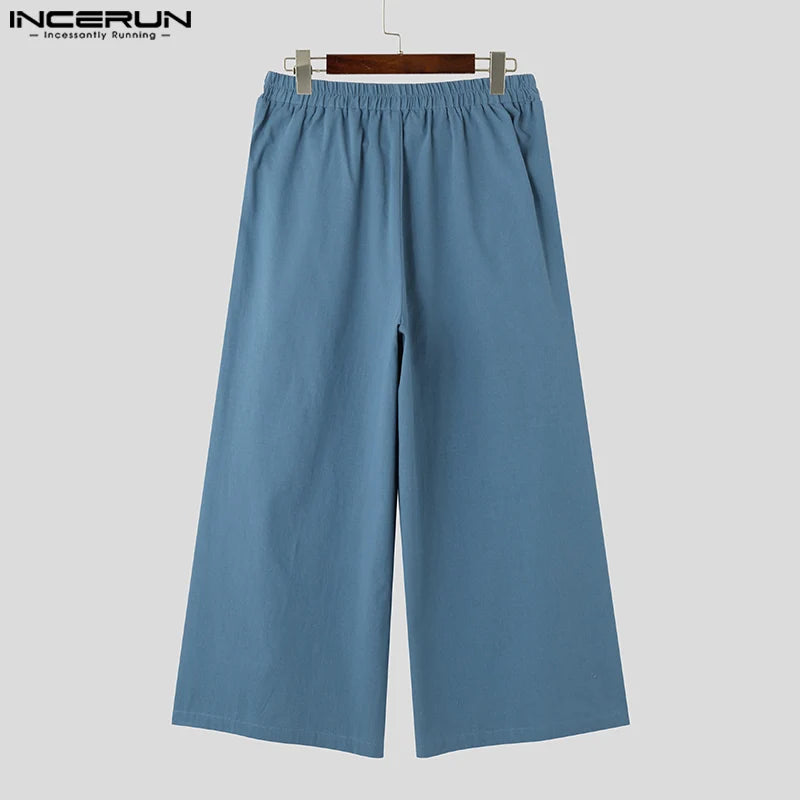 INCERUN 2023 Chinese Style Men's Long Pants Cotton Linen Straight Tube Trousers Solid Loose Size Wide Leg Casual Pantalons S-5XL