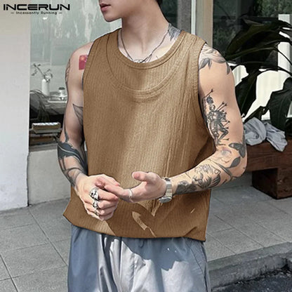 INCERUN Tops 2024 Korean Style Fashion Men Solid Splicing Fake Two-piece Vests Summer Casual Hot Sale Sleeveless Tank Tops S-5XL