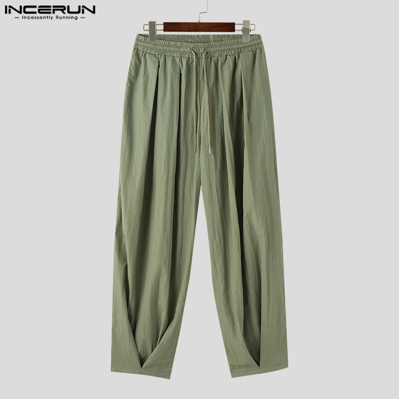 INCERUN 2024 Korean Style Trousers Men's Pleated Splicing Wide Leg Pantalons Casual Simple Male Solid Drawstring Long Pant S-5XL