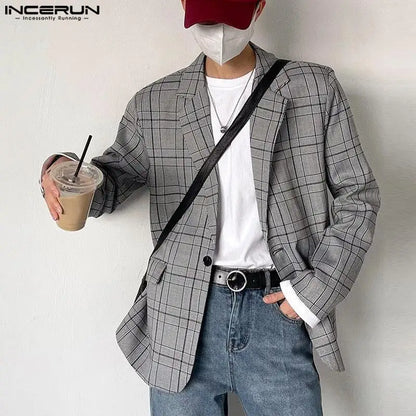 Handsome Well Fitting Tops INCERUN Men's Plaid Design Suit Coats Autumn Winter Casual Streetwear Male Long Sleeved Blazer S-5XL