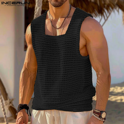 Fashion Casual Style Tops INCERUN New Men Texture Hollow Square Neck Vests Summer Male Solid All-match Sleeveless Tank Top S-5XL