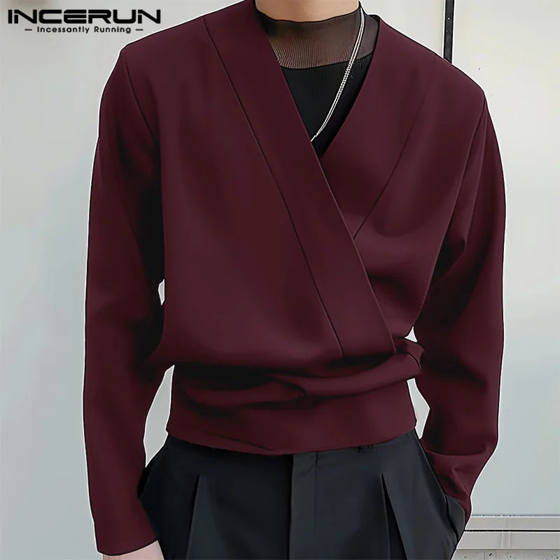 INCERUN Tops 2024 Korean Style Fashion Men Deconstruction Design Shirts Casual Streetwear Solid V-neck Long Sleeved Blouse S-5XL