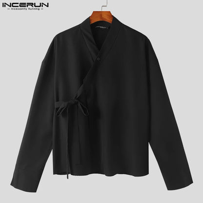 2024 Men's Casual Shirt V Neck Long Sleeve Streetwear Lace Up Men Clothing Harajuku Loose Vintage Leisure Shirts S-5XL INCERUN