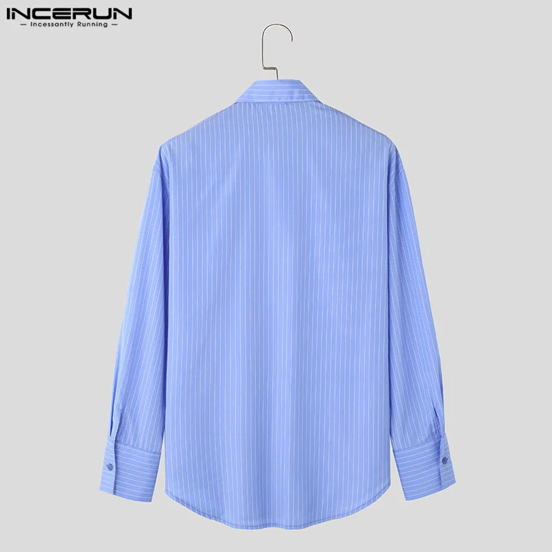 INCERUN Tops 2024 American Style Handsome Mens Long Neck Striped Design Shirts Fashion Streetwear Male Long Sleeved Blouse S-5XL