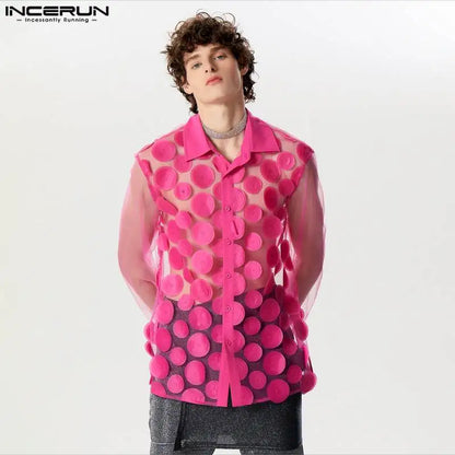 INCERUN Tops 2024 American Style Men's Personalized Petal Mesh Design Shirts Fashion Party Shows Thin Long Sleeved Shirts S-5XL