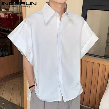 INCERUN Tops 2024 Korean Style Men's Solid Large Cuff Design Shirts Casual Simple Summer Solid Loose Short Sleeved Blouse S-5XL