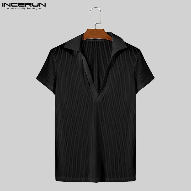 INCERUN Tops 2024 Korean Style Fashion Men's Striped Perspective V-neck T-shirts Casual Streetwear Short Sleeved Camiseta S-5XL