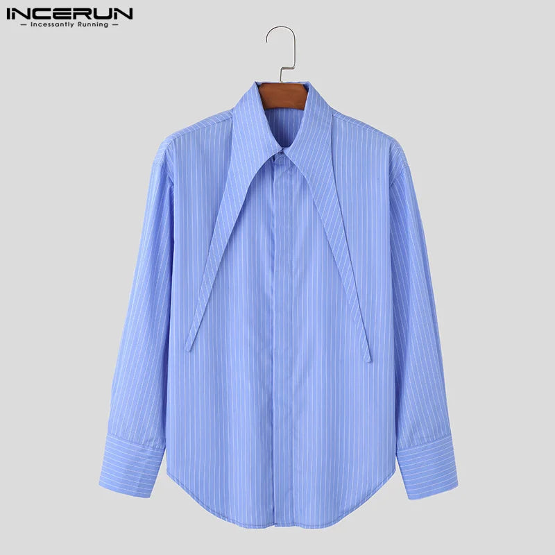 INCERUN Tops 2024 American Style Handsome Mens Long Neck Striped Design Shirts Fashion Streetwear Male Long Sleeved Blouse S-5XL