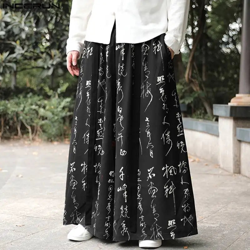 INCERUN 2023 Herrenhose im chinesischen Stil, Mode, Kunst, Wortdruck, Pantalons mit weitem Bein, lässige Streetwear, Hose mit geradem Bein, S-5XL