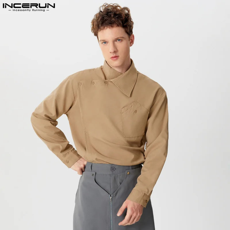 Hauts décontractés de style simple INCERUN nouveaux hommes patte diagonale solide simple tout-match chemisier beau homme chemises à manches longues S-5XL